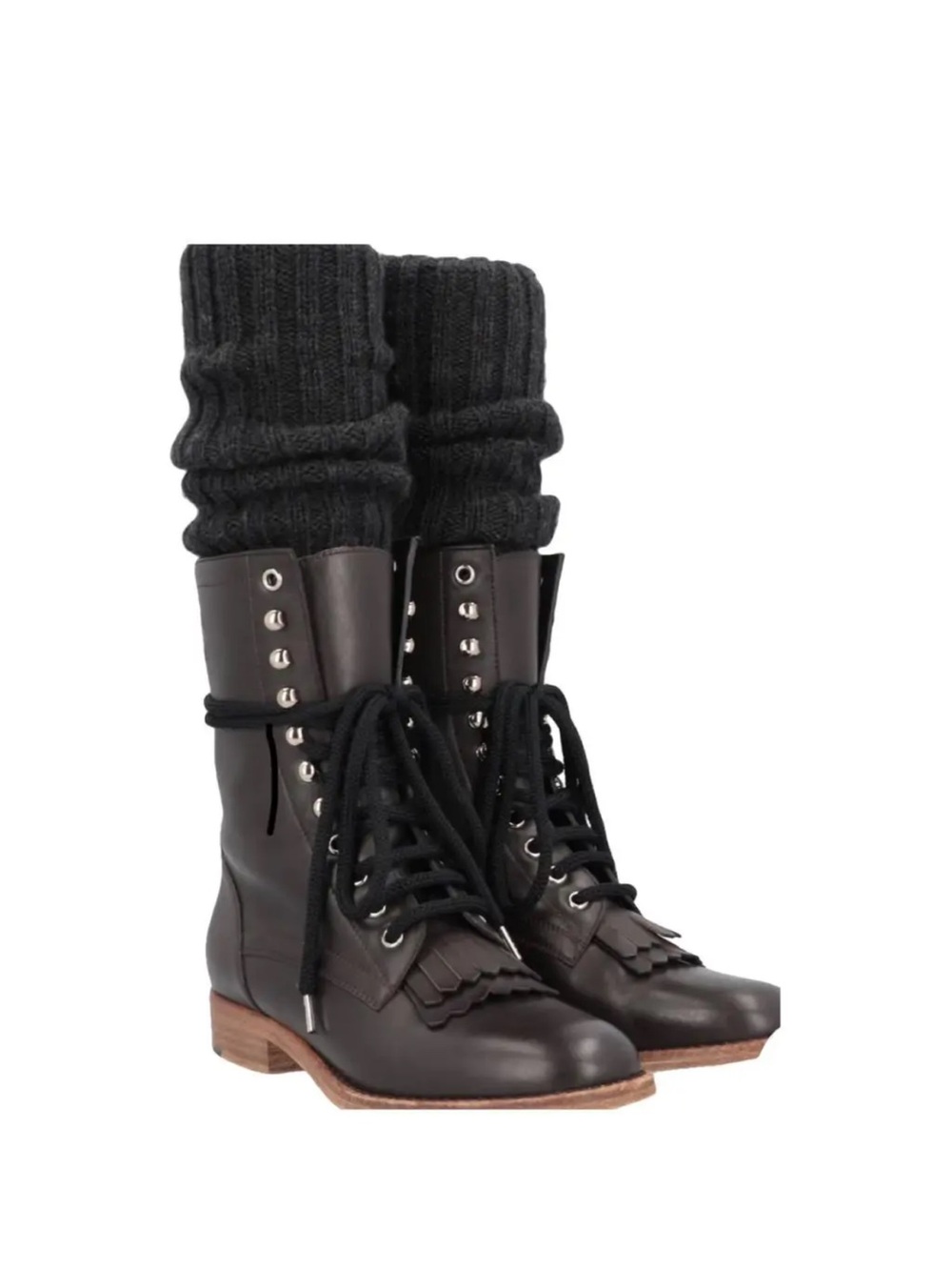 Chanel Black Lace-Up Leather Combat Boots with Knit Cuffs